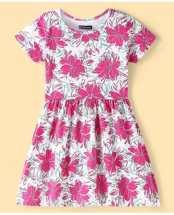 Pine Kids  Cotton Knit Half Sleeves Frock with Floral Print - White