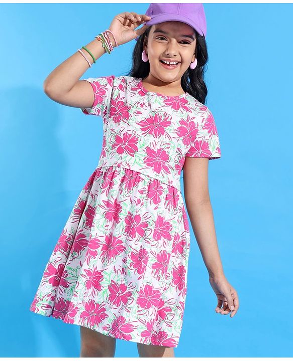 Pine Kids  Cotton Knit Half Sleeves Frock with Floral Print - White