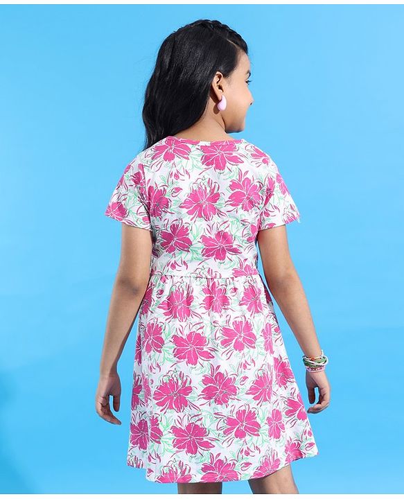 Pine Kids  Cotton Knit Half Sleeves Frock with Floral Print - White