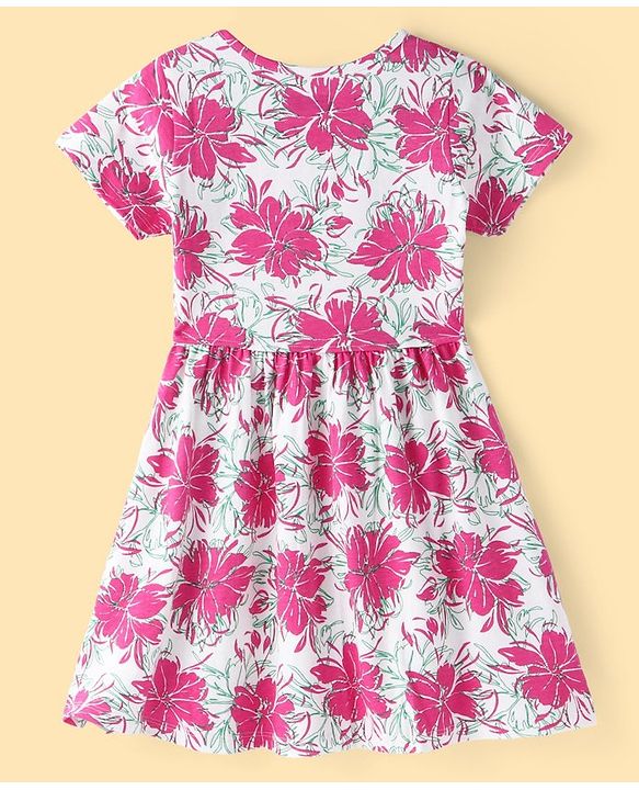 Pine Kids  Cotton Knit Half Sleeves Frock with Floral Print - White