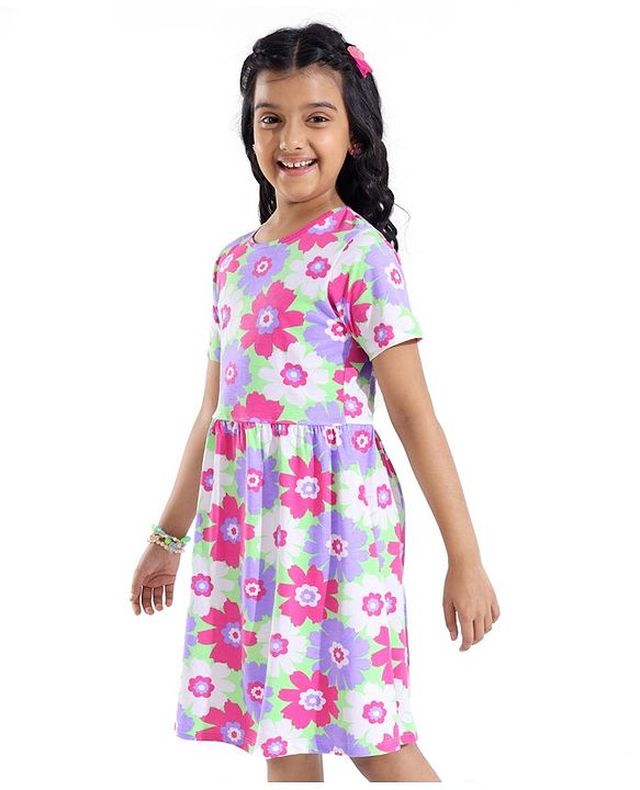 Pine Kids Cotton Knit Half Sleeves Frock with Floral Print - Green