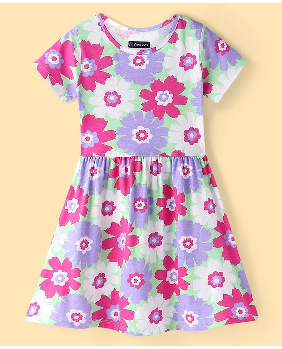 Pine Kids Cotton Knit Half Sleeves Frock with Floral Print - Green