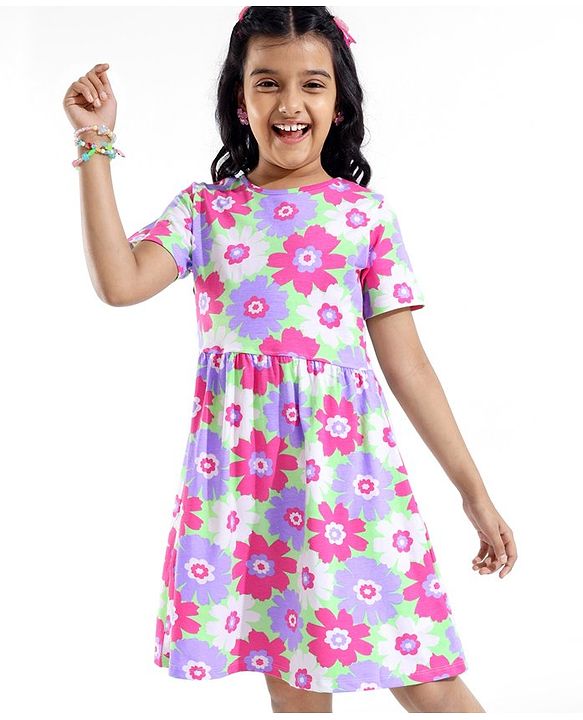 Pine Kids Cotton Knit Half Sleeves Frock with Floral Print - Green