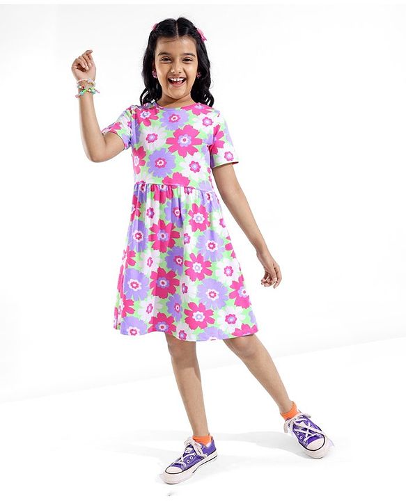 Pine Kids Cotton Knit Half Sleeves Frock with Floral Print - Green