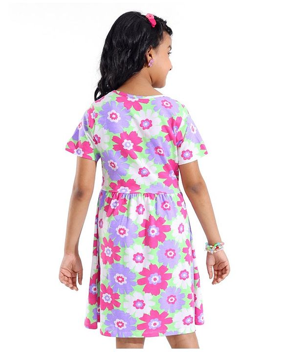 Pine Kids Cotton Knit Half Sleeves Frock with Floral Print - Green