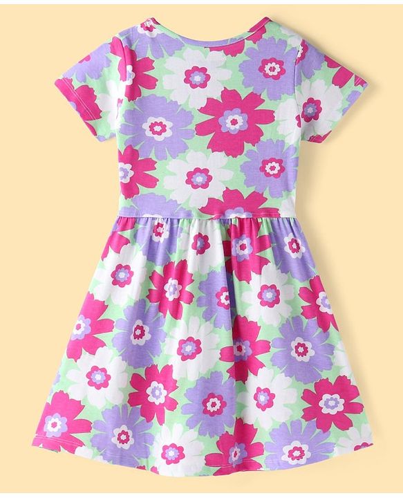 Pine Kids Cotton Knit Half Sleeves Frock with Floral Print - Green