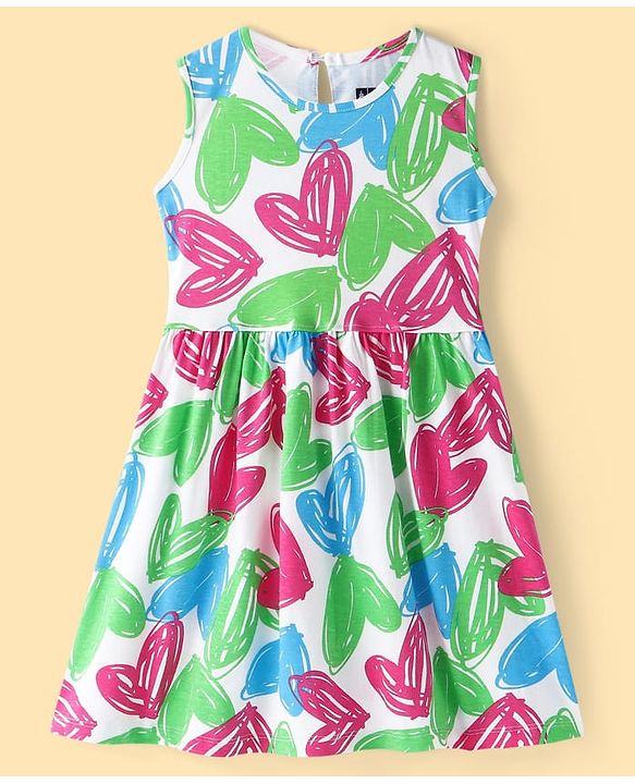 Pine Kids Cotton Knit Sleeveless Frock with Heart Print - White