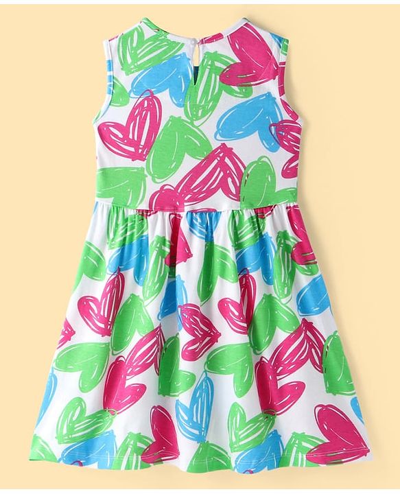 Pine Kids Cotton Knit Sleeveless Frock with Heart Print - White