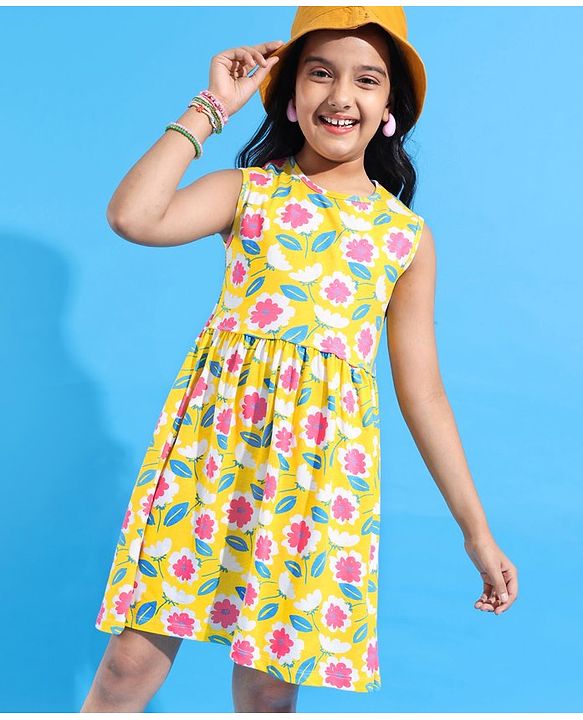 Pine Kids Cotton Knit Sleeveless Frock with Floral Print - Yellow