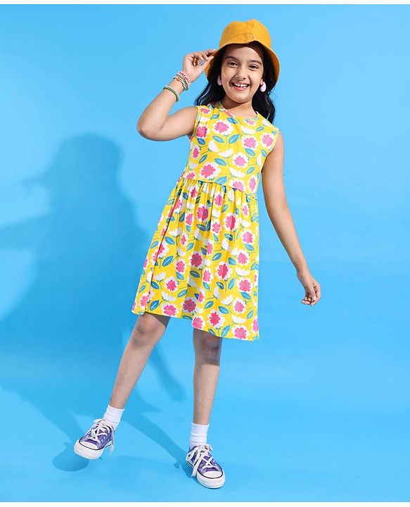 Pine Kids Cotton Knit Sleeveless Frock with Floral Print - Yellow