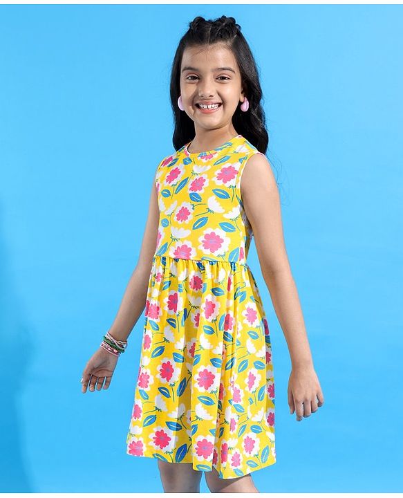 Pine Kids Cotton Knit Sleeveless Frock with Floral Print - Yellow