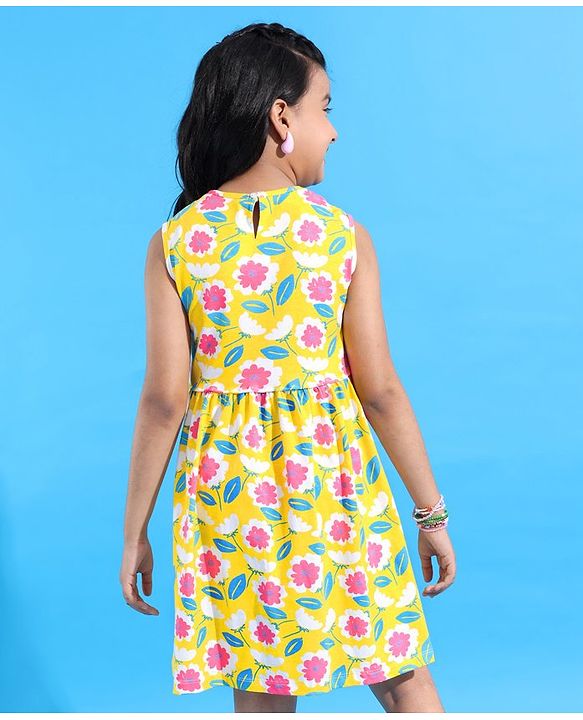 Pine Kids Cotton Knit Sleeveless Frock with Floral Print - Yellow