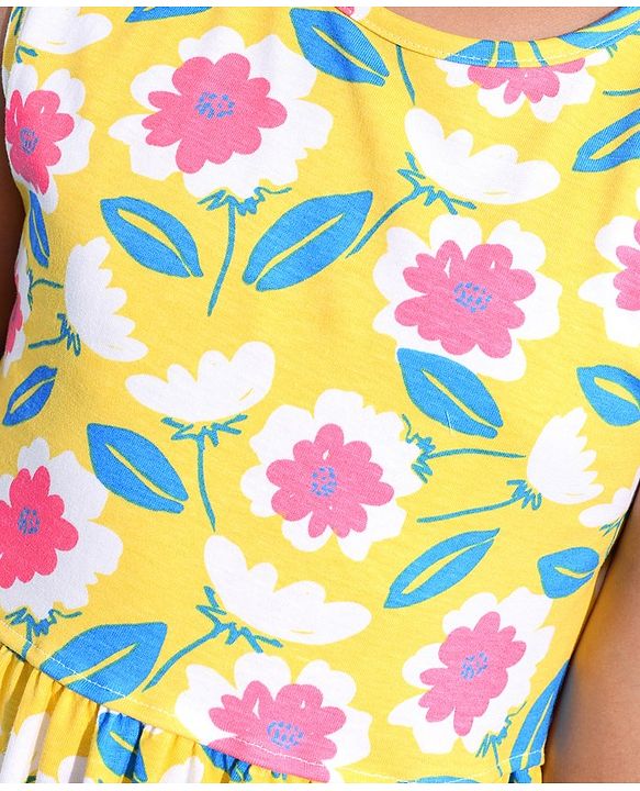 Pine Kids Cotton Knit Sleeveless Frock with Floral Print - Yellow