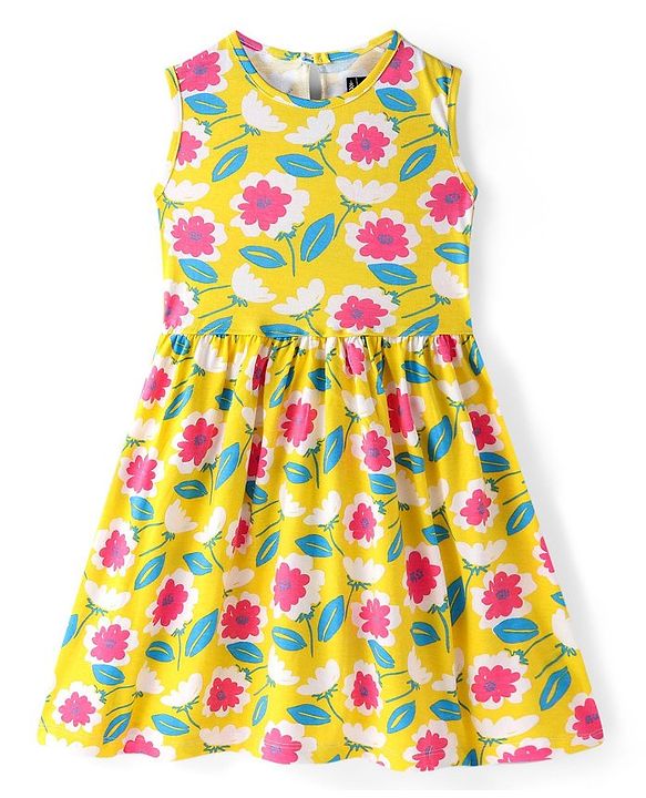 Pine Kids Cotton Knit Sleeveless Frock with Floral Print - Yellow