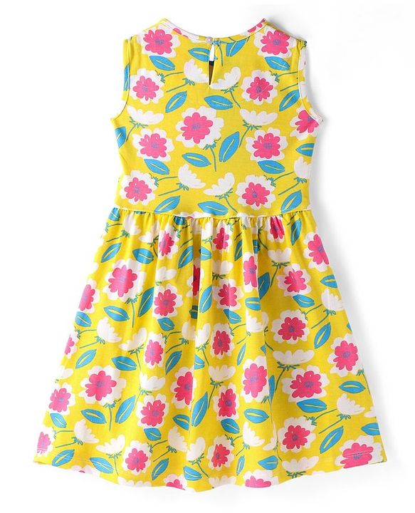 Pine Kids Cotton Knit Sleeveless Frock with Floral Print - Yellow