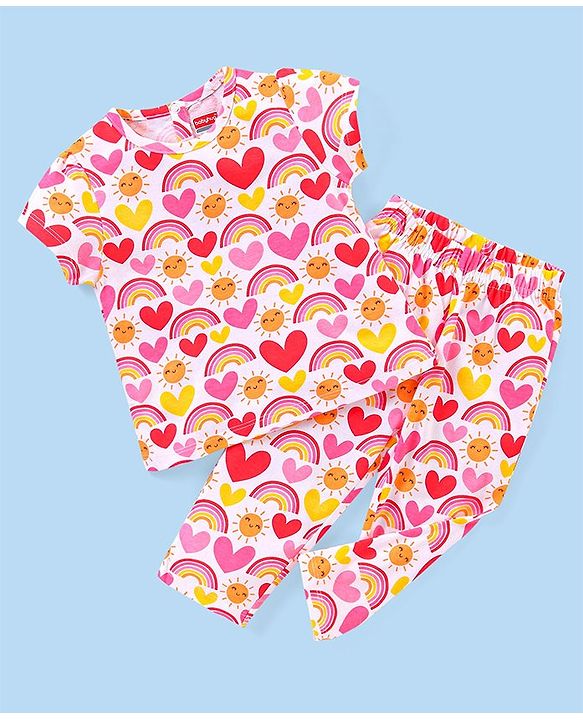 Babyhug Single Jersey Knit Half Sleeves Night Suit Heart Print - Pink