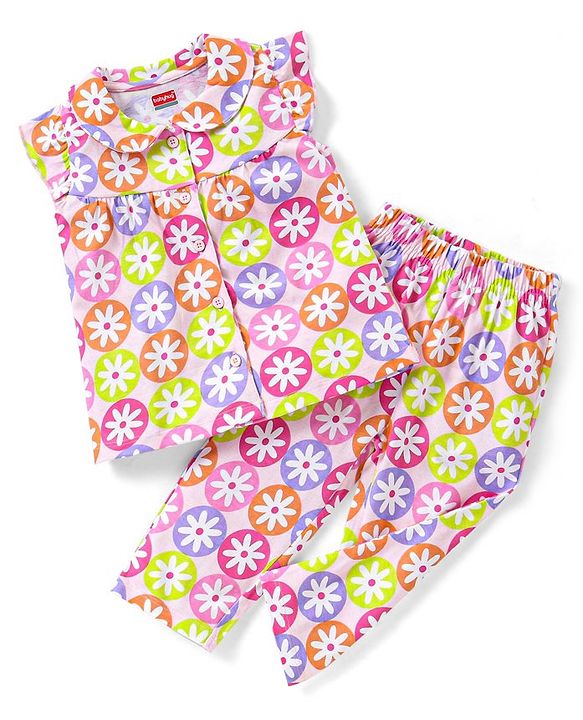 Babyhug Single Jersey Half Sleeves Night Suit Floral Print - Multicolour