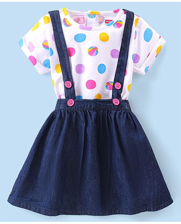 Babyhug Single Jersey Knit Half Sleeves Tops  With Polka Dot Print &  Denim Skirt  - White & Blue