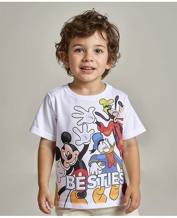 Babyhug Disney Cotton Knit Half Sleeves T-Shirt Mickey Mouse Print - White