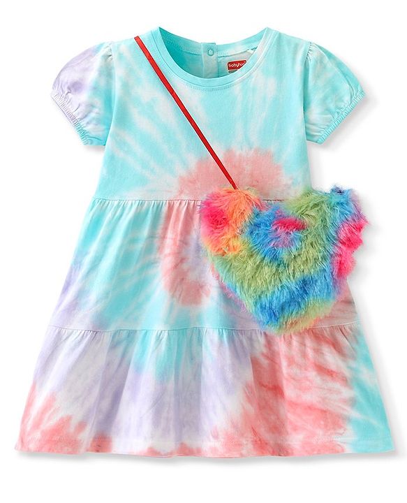 Babyhug Cotton Jersey Knit Half Sleeves Tie & Dye Frock With Heart Shape Sling Bag - Multicolor