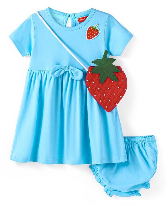 Babyhug Cotton Knit Half Sleeves Bow Detailing Strawberry Printed  Frock with Bloomer & Sling Bag - Light Blue