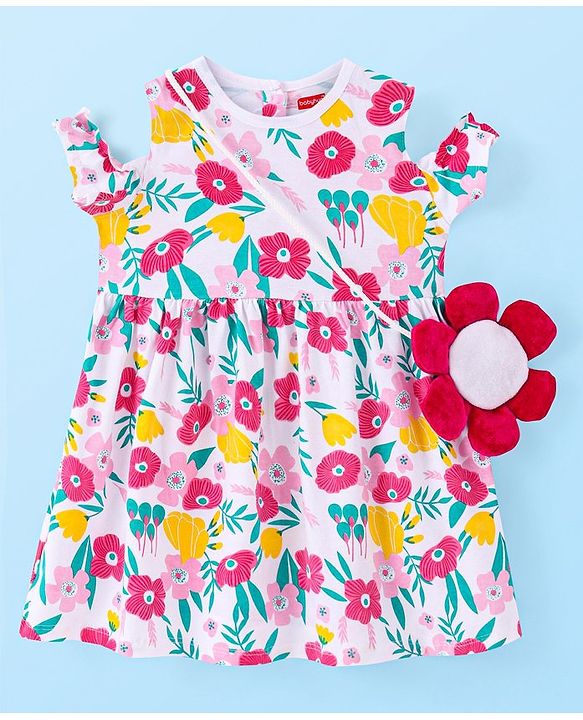 Babyhug Cotton Jersey Knit Cold Shoulder Sleeves Floral Printed Frock with Sling Bag - White