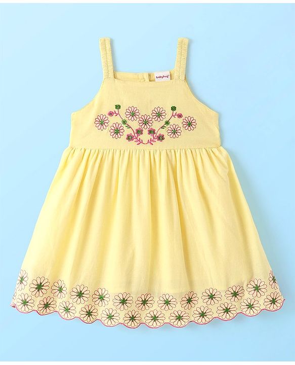 Babyhug Cambric Woven Sleeveless Frock Floral Embroidery - Yellow