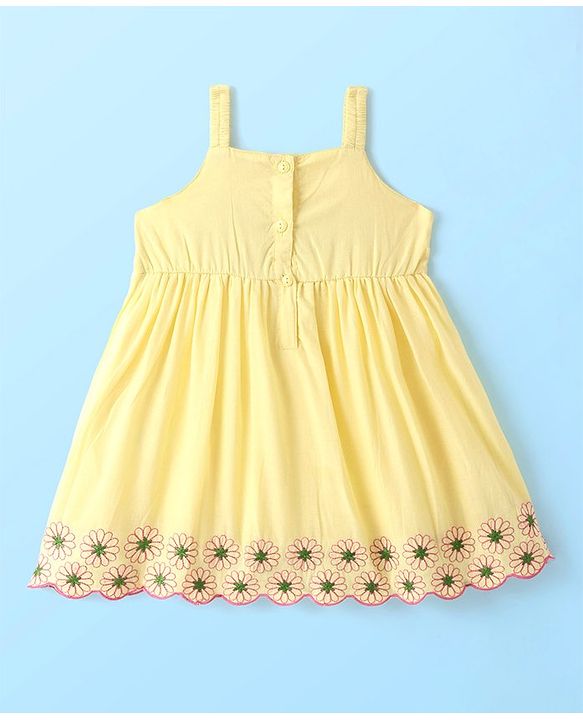 Babyhug Cambric Woven Sleeveless Frock Floral Embroidery - Yellow