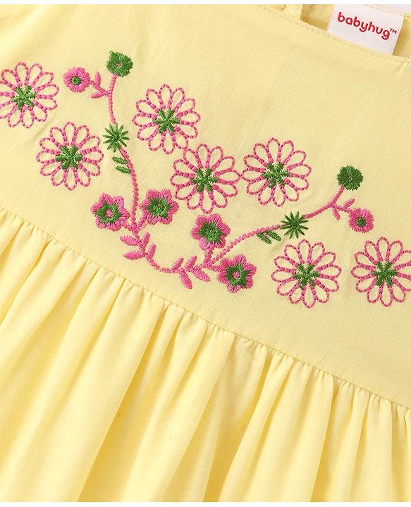 Babyhug Cambric Woven Sleeveless Frock Floral Embroidery - Yellow
