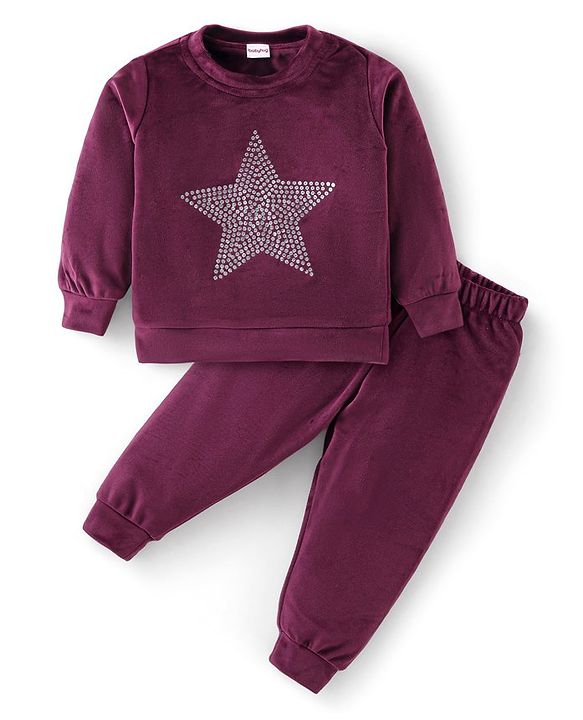 Babyhug Velour Woven Full Sleeves  Winter Wear Suit with Sequin Star Detailing - Wine