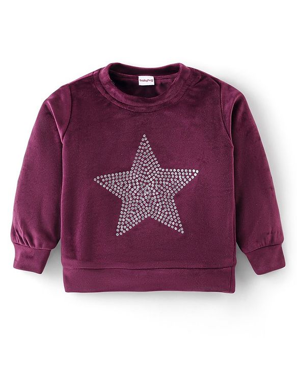 Babyhug Velour Woven Full Sleeves  Winter Wear Suit with Sequin Star Detailing - Wine
