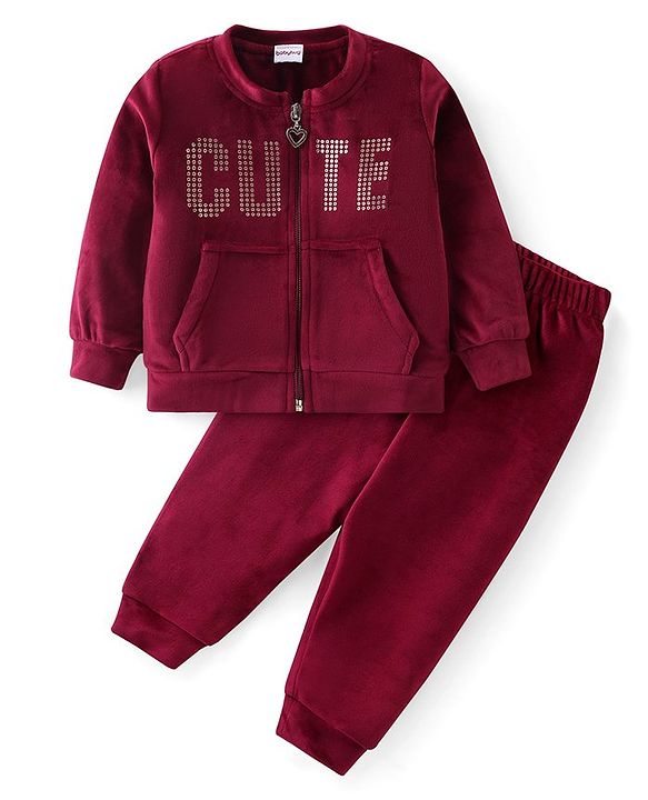 Babyhug Velour Woven Full Sleeves Winter Wear Suit With Text Print - Maroon
