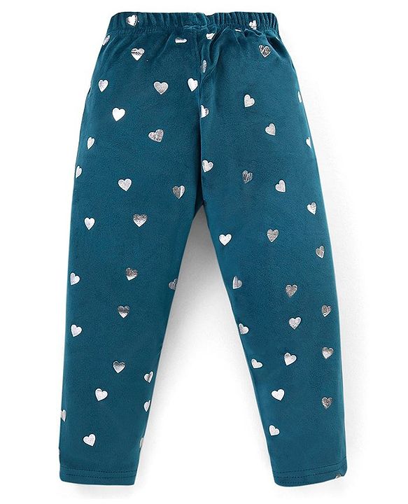 Babyhug Velour Knit Full Length Fleece & Woollen Pant with Hearts Print - Teal Blue