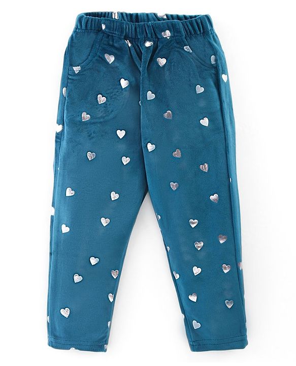 Babyhug Velour Knit Full Length Fleece & Woollen Pant with Hearts Print - Teal Blue