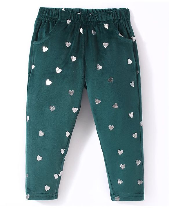 Babyhug Velour Knit Full Length Fleece & Woollen Pant with Hearts Print - Teal Blue