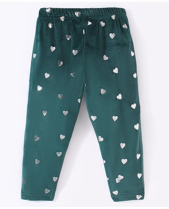 Babyhug Velour Knit Full Length Fleece & Woollen Pant with Hearts Print - Teal Blue
