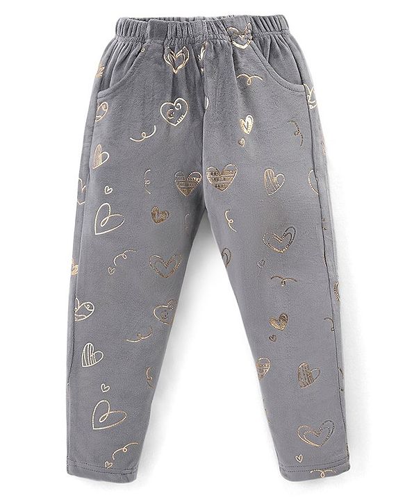 Babyhug Velour Knit Full Length Fleece & Woollen Pant with Hearts Print - Teal Blue