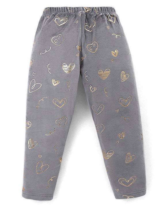 Babyhug Velour Knit Full Length Fleece & Woollen Pant with Hearts Print - Teal Blue