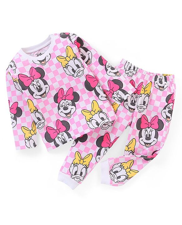 Babyhug Disney Single Jersey Knit Full Sleeves Night Suit With Minnie Mouse Graphics - Pink