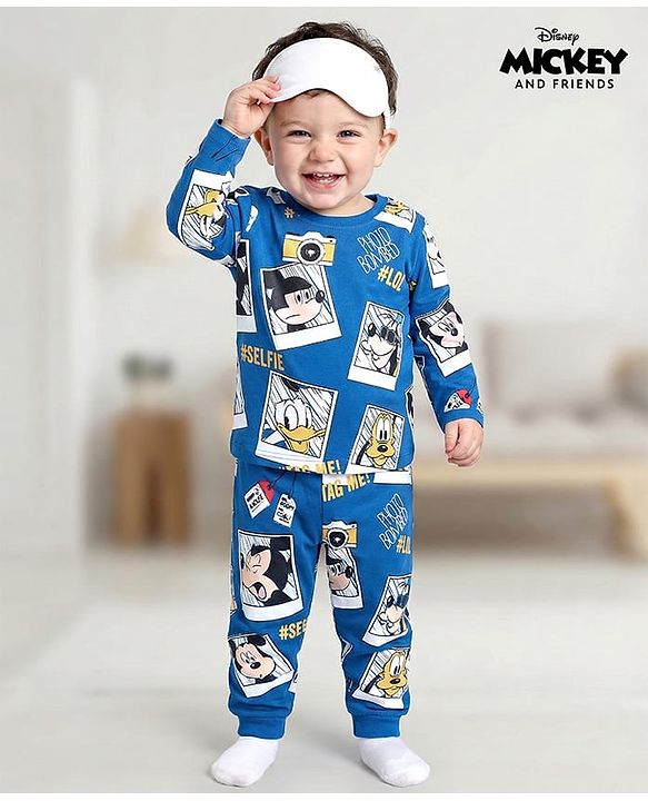 Babyhug Disney Single Jersey Knit Full Sleeves Night Suit With Mickey Mouse Print - Blue