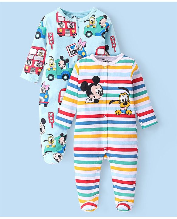 Babyhug Disney Single Jersey Knit Full Sleeves Striped Sleep Suits With Mickey & Friends Graphics Pack Of 2 - Multicolor
