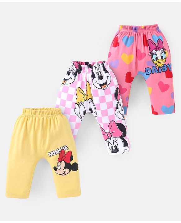 Babyhug Disney Cotton Knit Full Length Diaper Leggings With Daisy Duck & Minnie Mouse Graphics Pack Of 3 - Baby Pink Mustard & Pink