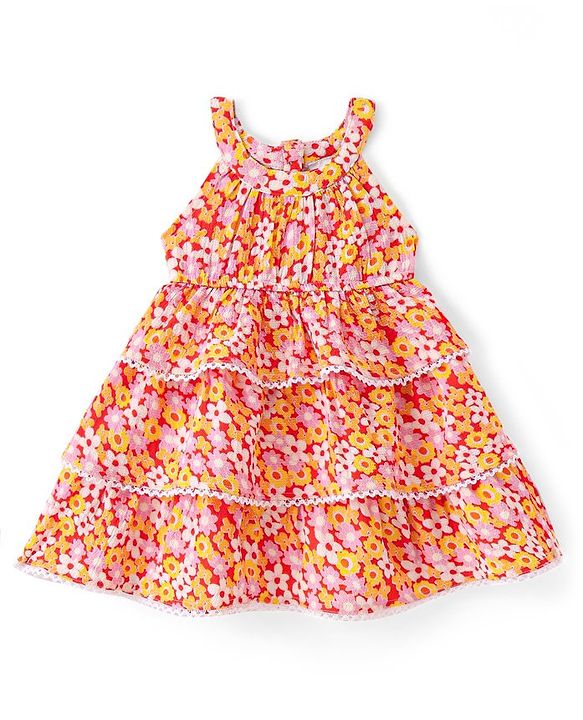 Babyhug Woven Sleeveless Layered Frock with Floral Print - Multicolour