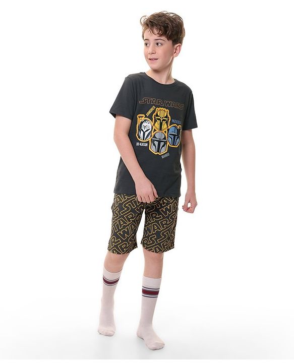 Pine Kids Lucas Cotton Knit Half Sleeve  T-Shirt & Shorts Set with Star Wars Graphics - Grey