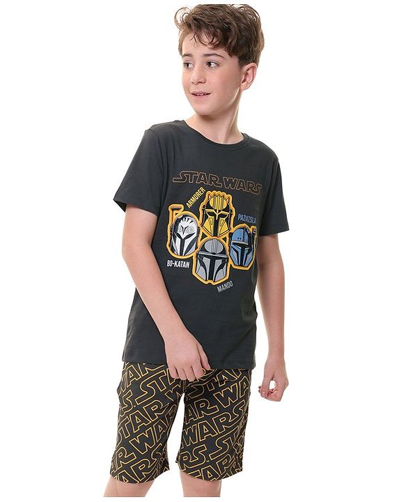 Pine Kids Lucas Cotton Knit Half Sleeve  T-Shirt & Shorts Set with Star Wars Graphics - Grey