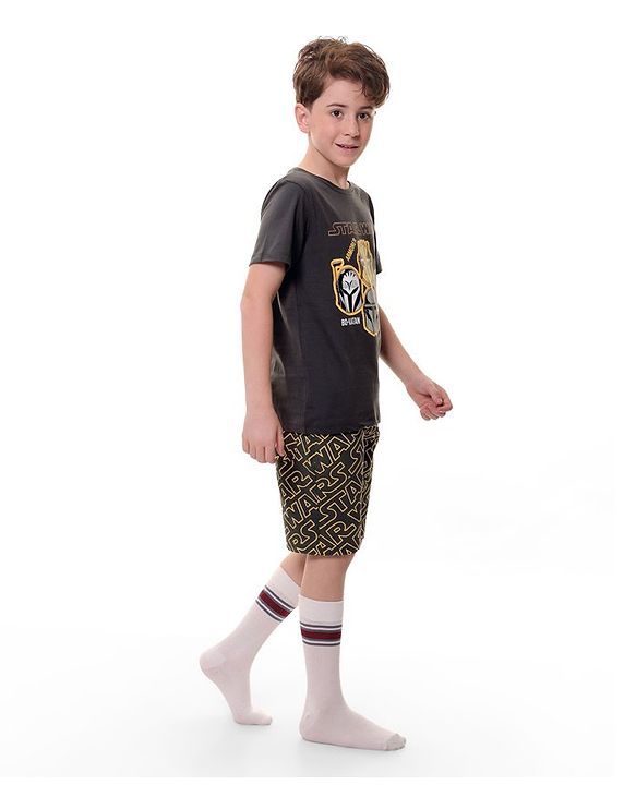 Pine Kids Lucas Cotton Knit Half Sleeve  T-Shirt & Shorts Set with Star Wars Graphics - Grey