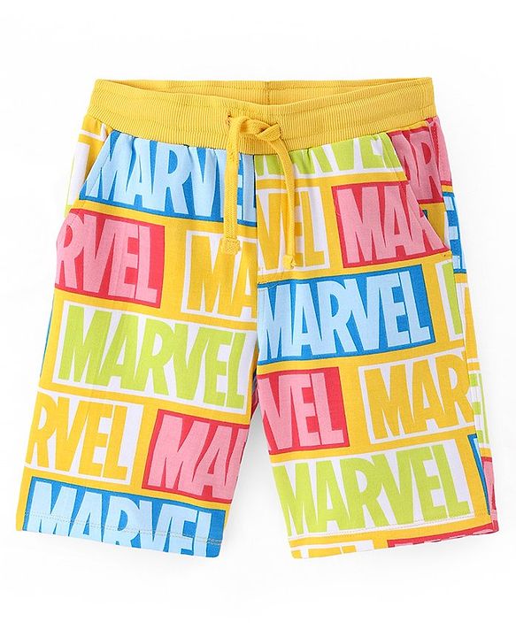 Pine Kids Marvel Terry Knit Shorts with Text Print - Yellow