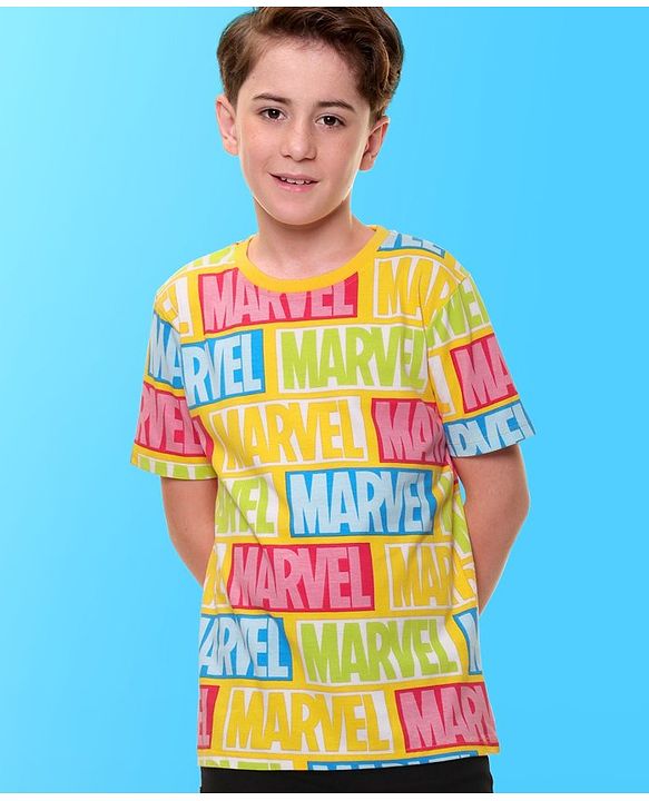 Pine Kids Marvel Cotton Knit Half Sleeves T-Shirt With Marvel Print - Yellow