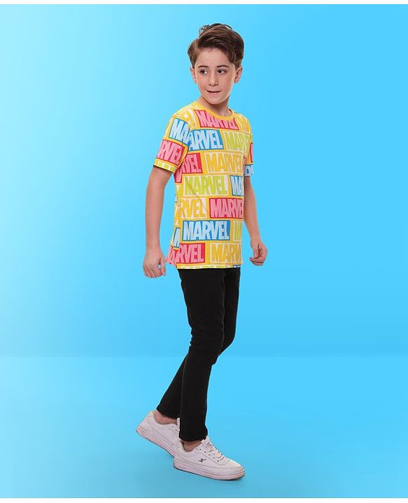 Pine Kids Marvel Cotton Knit Half Sleeves T-Shirt With Marvel Print - Yellow