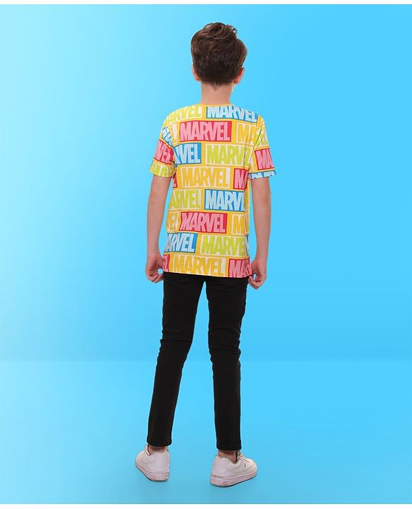 Pine Kids Marvel Cotton Knit Half Sleeves T-Shirt With Marvel Print - Yellow